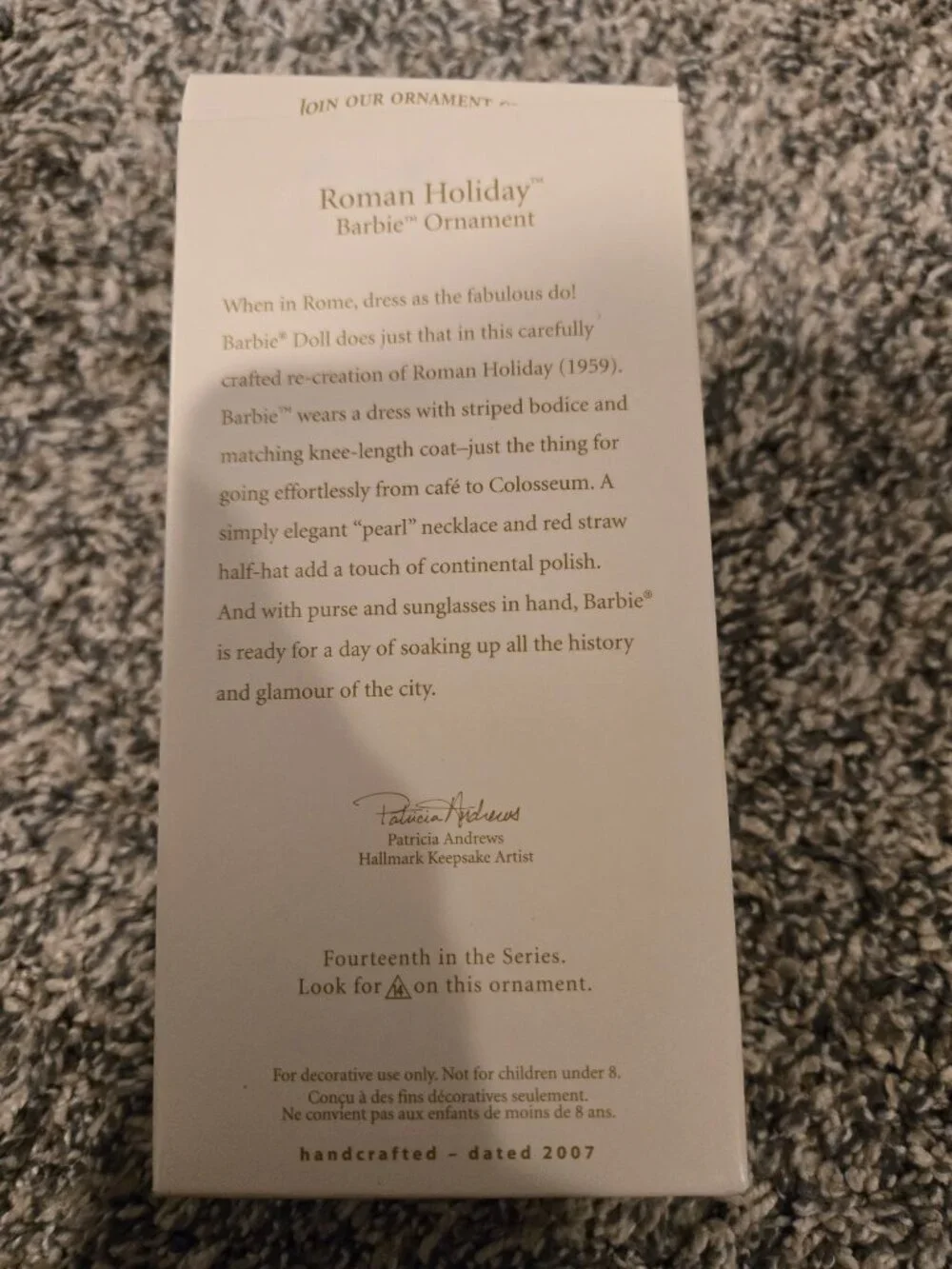 Hallmark Roman Holiday Barbie Christmas Ornament 2007